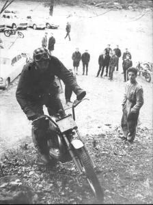 Grenoble, 1965 - Oriol Puig Bulto on a Bultaco Sherpa with 'Bambi' Valera watching. Oriol was a nephew of Snr. Bulto, the Bultaco company founder. Photo: Cristina Valera Fandos Archive.