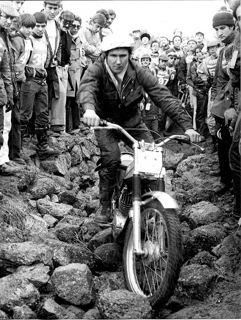 Rob seen here on the Montesa Cota in Spain demonstrating the art of trials riding to a gathering of Montesa owners. Photo Courtesy of Luis Munoz, Madrid.