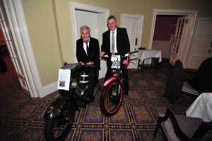 Rob Edwards left with John Moffat trying out the 1912 Scott 'AK222' for size. John is on the 2014 Scott winning Beta Evo 300 of James Dabill. Photo Copyright: John Hulme/Trials Media