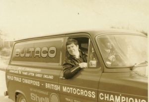 Alan 'Sid' Lampkin with the Comerfords - Bultaco Ford Transit van in 1975. Rob was a frequent travelling companion even although he rode for rivals, Montesa. Photo: Rob Edwards Private collection