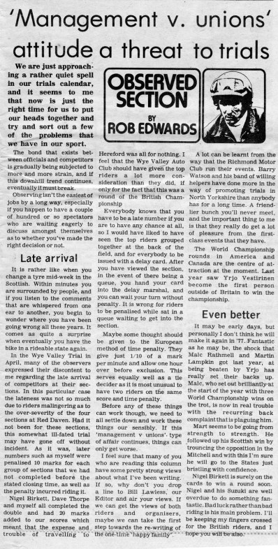 Rob's column from T&MX June 3rd 1977 - Courtesy of Trials & Motocross News, Morecombe.
