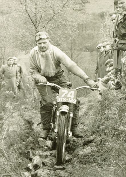 Ron on his BSA C15T in the 1959 Scottish on Glenogle section on May 4th. One of the first day hills as he made his way homeward to Fort William from the Edinburgh start. On the right is Dunfermline rider Maurice Duffin. Photo: Mrs. Peggy Davies.