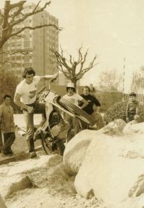 Watched by the Montesa factory mechanic, Nigel Birkett and Brian Fowler, Rob Shepherd puts his factory Honda through its paces outside the Montesa Factory. Photo: Rob Edwards Private Collection.