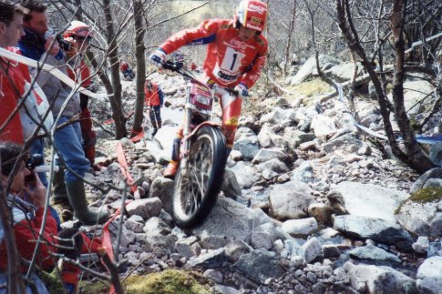 Jordi Tarres (Fortuna - GasGas) at Glen Nevis in the 1992 British round of the FIM World Trials Championship – © – Jeremy Whittet