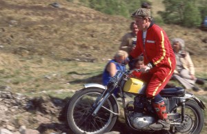 Sid's younger brother, Martin enjoys a gallop on eldest brother Arthur's BSA C15T (XON688 in 1984 on Blackwater. Photo: Iain Lawrie, Kinlochleven.