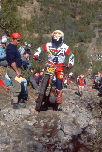 Phillipe Berlatier (280 Aprilia) on Pipeline in the 1985 Scottish Six Days - © – Iain Lawrie, Kinlochleven.