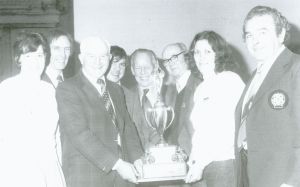 A Scottish ACU presentation of awards ceremony at Perth in 1980. From left: Ron Wright (SACU Trials); Alex Phillip (Clubman TT winner 1948); Robbie Allan; Charlie Bruce (Scottish racing champion); Tommy Milton (SACU official); Anne Allan (wife of Vic Allan) and Jock Wilson, ISDT Team Manager.