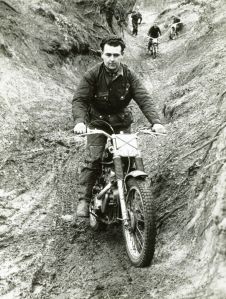 Jock on his short-stroke AJS in a Sidcup 60 Trial. Comerfords Sales manager Bert Thorn is following in the background.