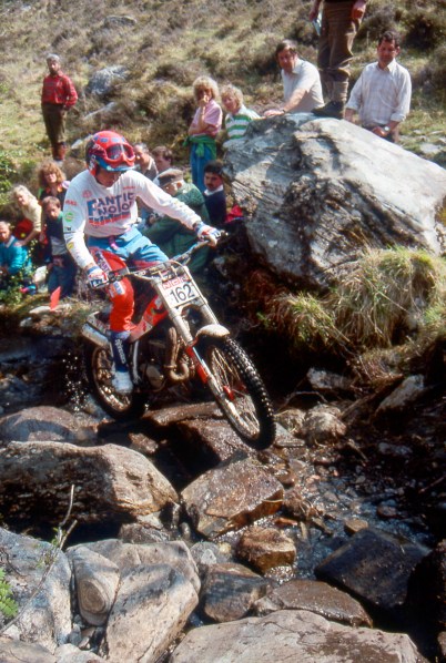 Steve Colley (249 Fantic) on Chairlift in the 1990 Scottish Six Days - © – Iain Lawrie, Kinlochleven.