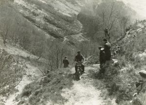 Tommy on his AJS in the 1950 Scottish Six Days on his AJS. This is 'Kinloch Hourn', no longer used a long climb into the hill from Loch Hourn.