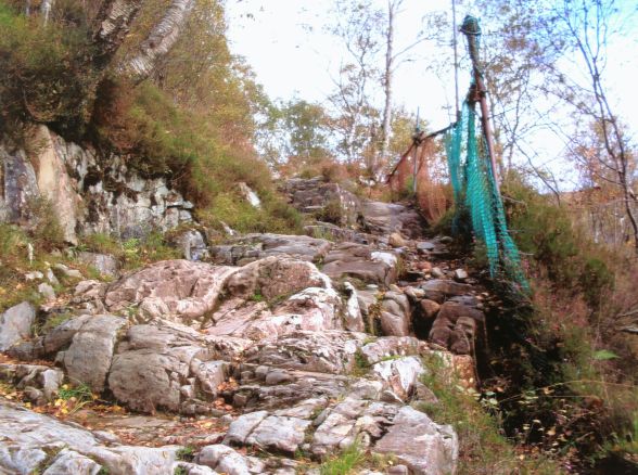 The Blackwater (or Cairan Path) catch net, constructed by members of the Scottish Six Days Trial committee in the late 1960s. - Photo Jock McComisky