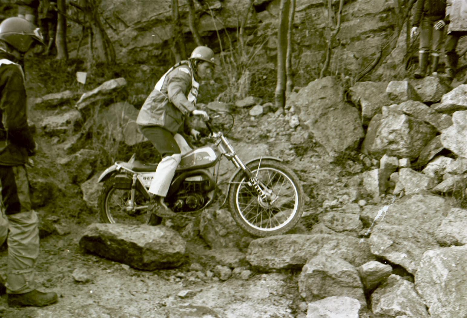 martin lampkin on his works 350 bultaco with very special rear shock absorbers fitted 1977